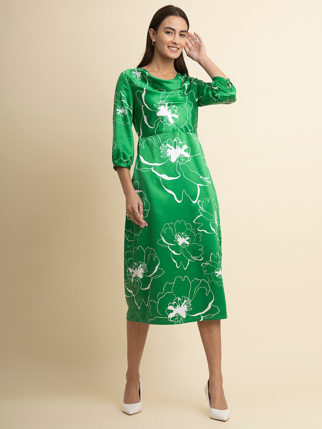 

FableStreet Floral Printed Cowl Neck Satin A-Line Midi Dress, Green