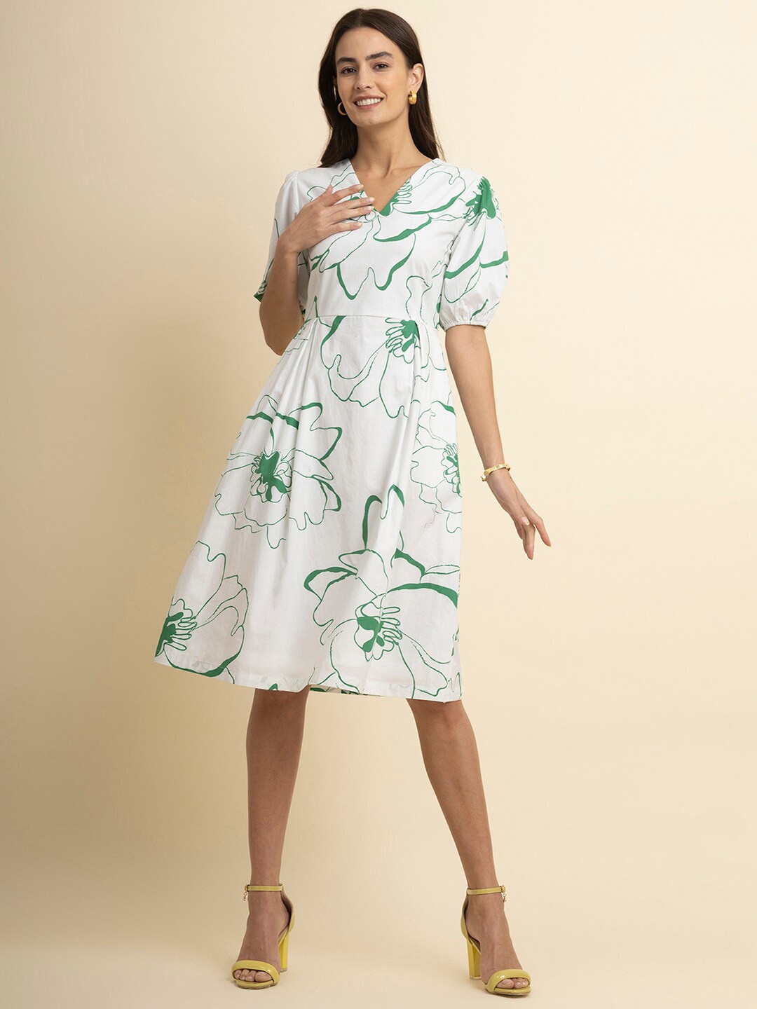 

FableStreet Floral Printed Fit & Flare Cotton Dress, White