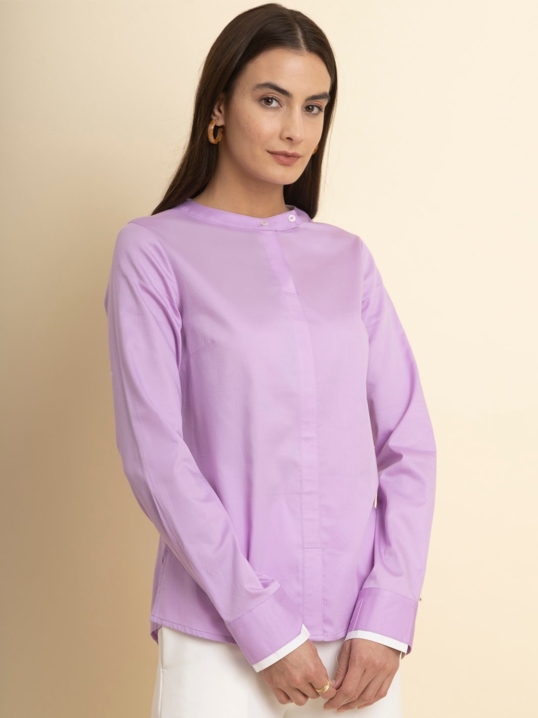 

FableStreet Mandarin Collar Pure Cotton Shirt Style Top, Lavender