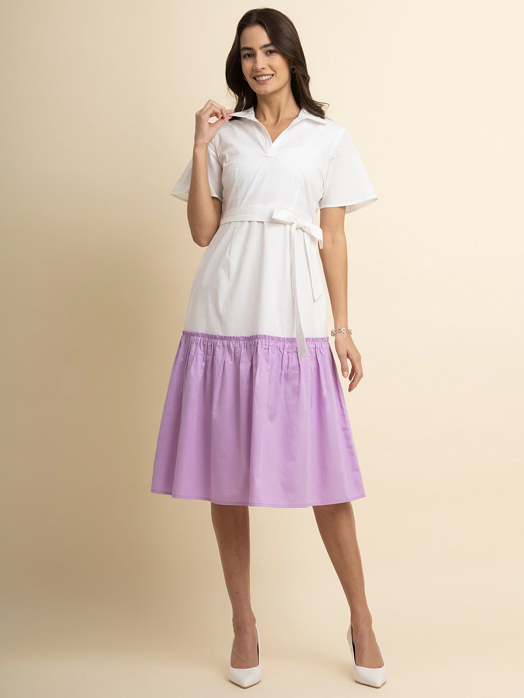 

FableStreet Colourblocked Tiered Cotton Fit & Flare Midi Dress, White