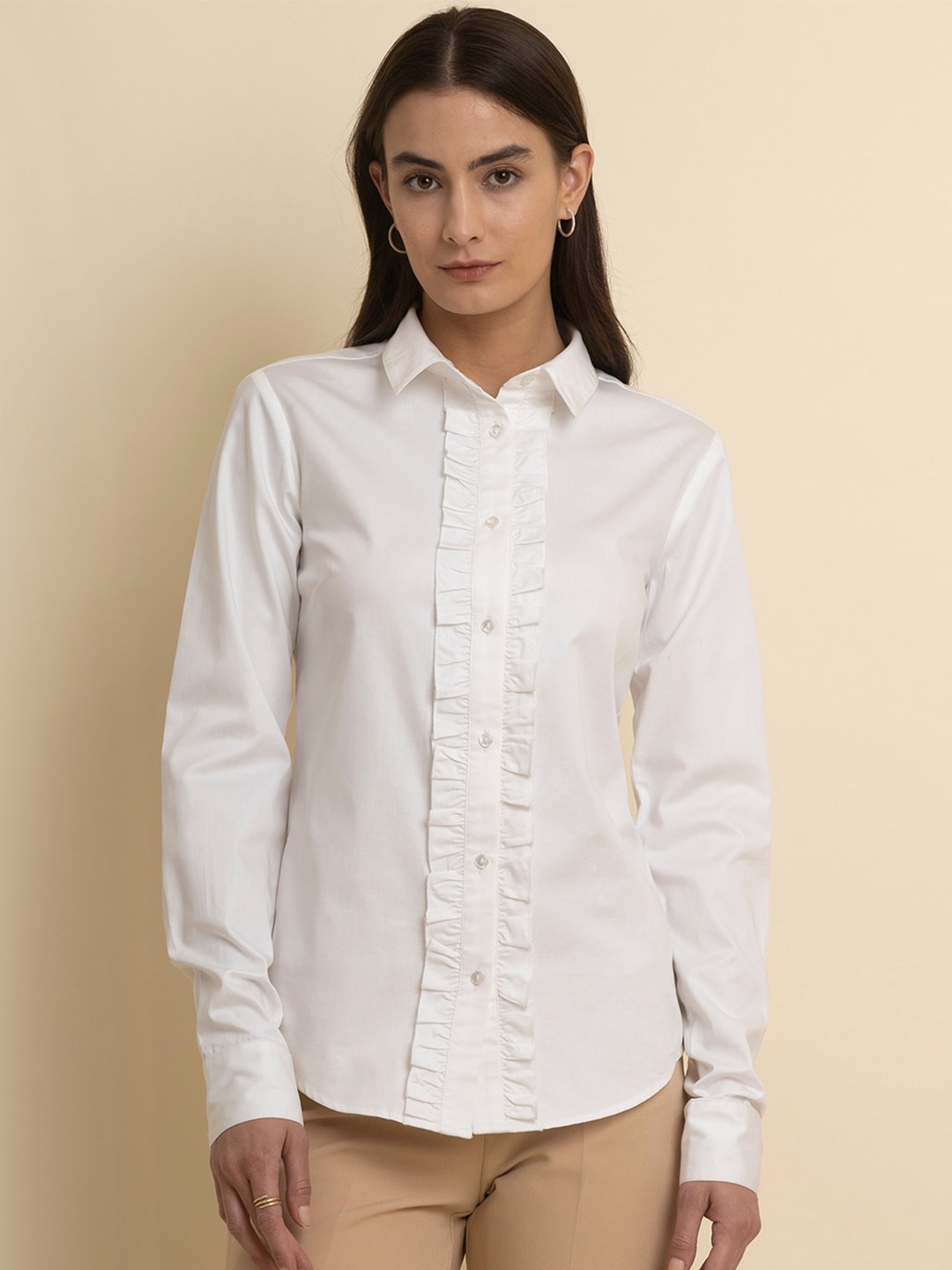 

FableStreet Classic Slim Fit Ruffle Placket Cotton Casual Shirt, White