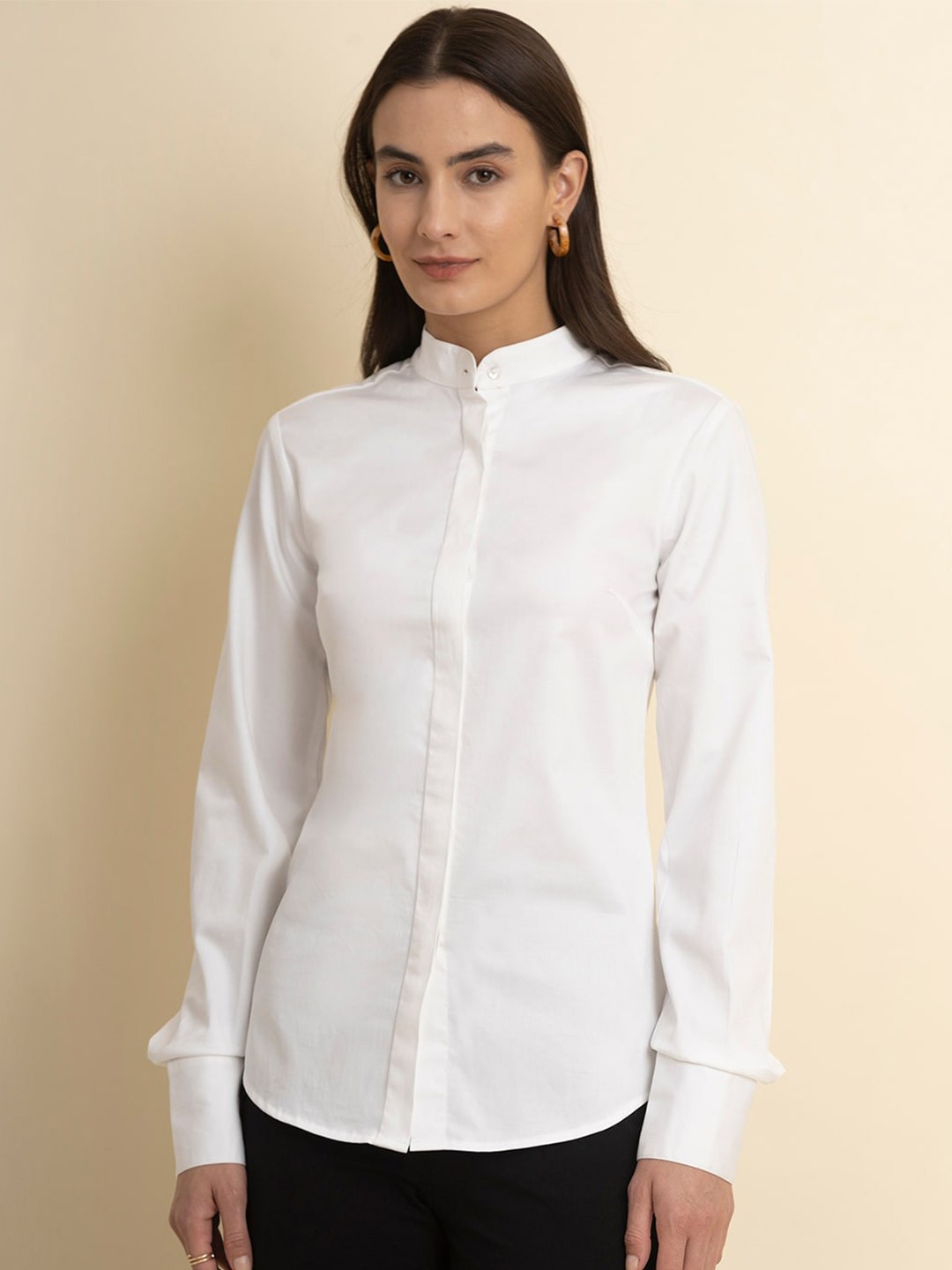 

FableStreet Classic Mandarin Collar Slim Fit Cotton Casual Shirt, White