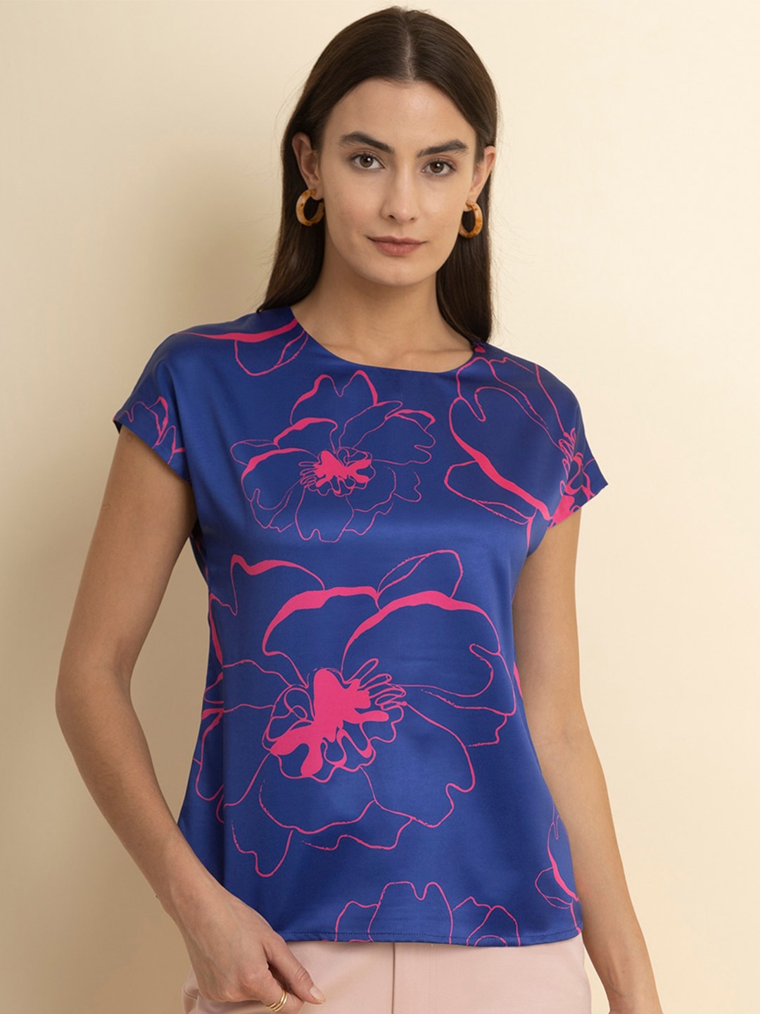 

FableStreet Floral Print Extended Sleeves Satin Top, Blue