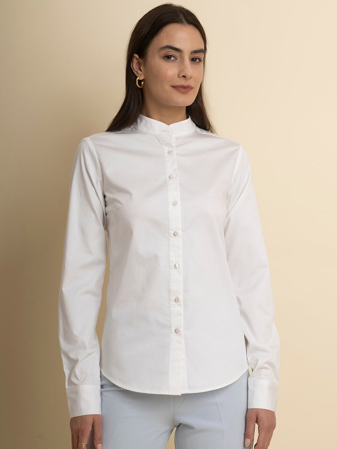 

FableStreet Mandarin Collar Cotton Casual Shirt, White