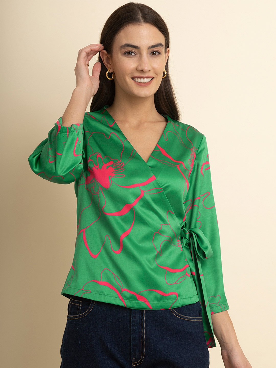 

FableStreet Floral Printed V Neck Wrap Top, Green
