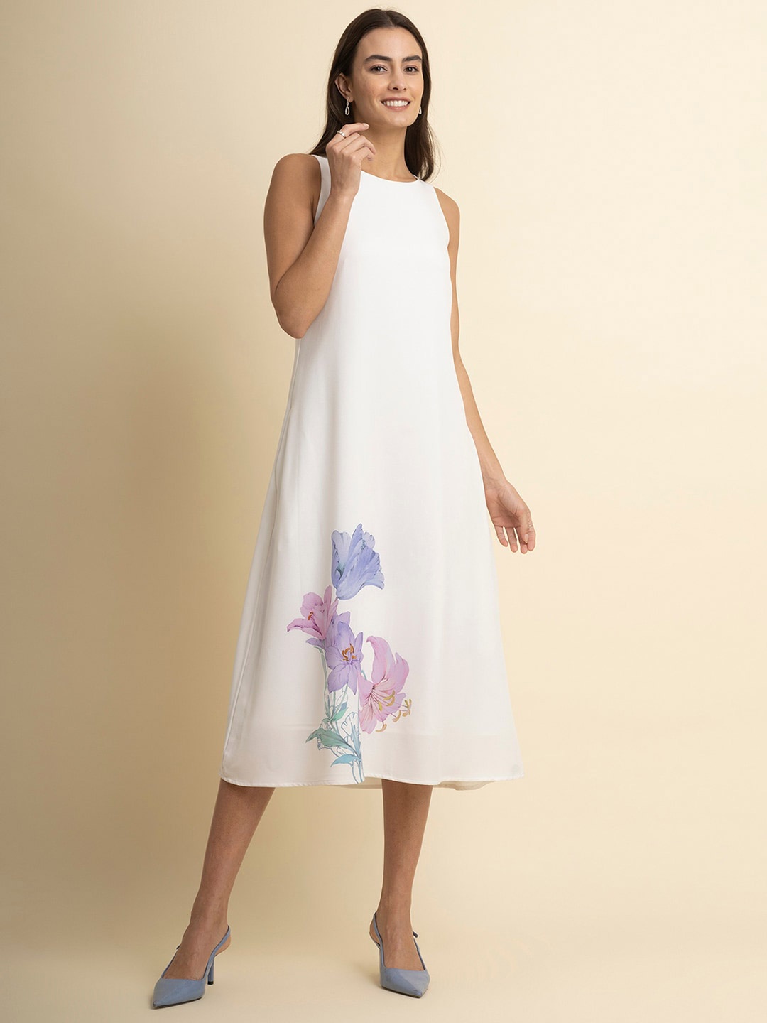 

FableStreet Floral Printed A-Line Midi Dress, White