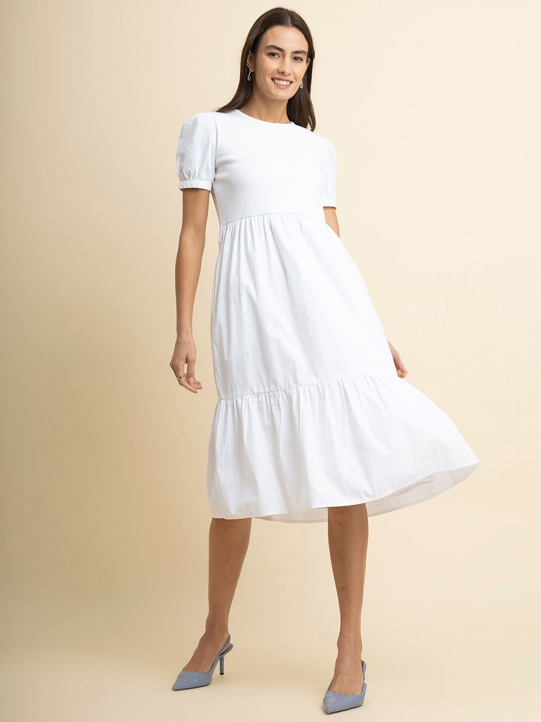 

FableStreet Puff Sleeves Tiered Cotton Fit & Flare Dress, White