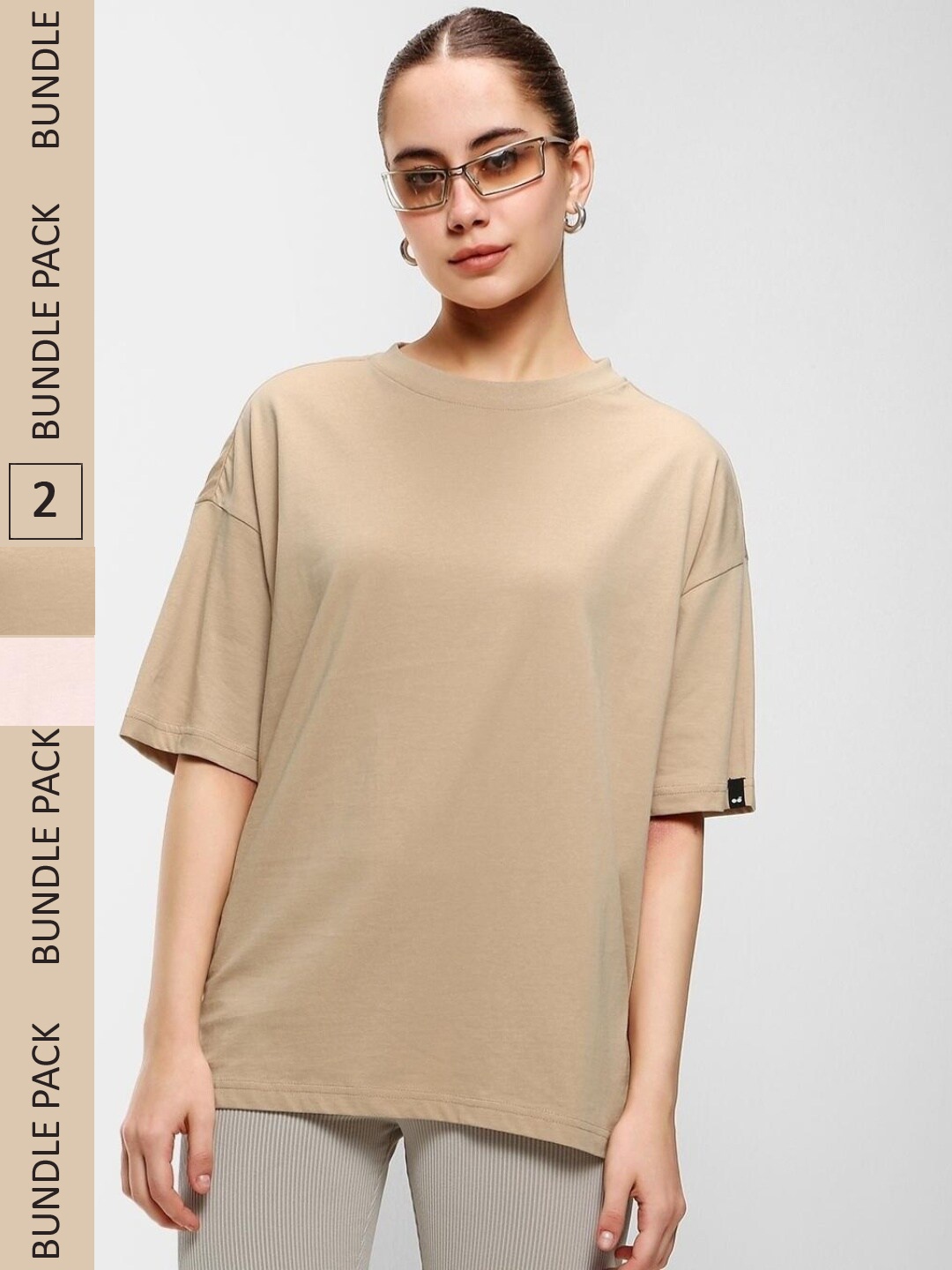 

Bewakoof Pack Of 2 Loose Drop-Shoulder Sleeves Cotton T-shirt, Beige
