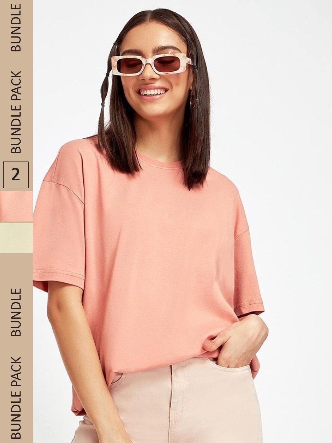 

Bewakoof Women Pack Of 2 Cotton Oversize T-shirt, Rose