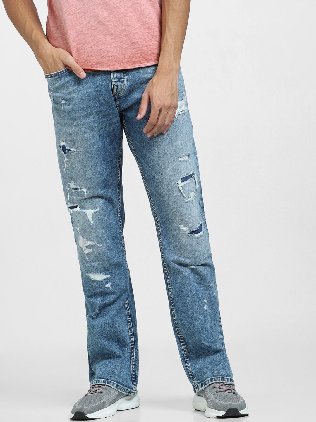 

Jack & Jones Men Heavy Fade Highly Distressed Low-Rise Straight Jeans, Blue