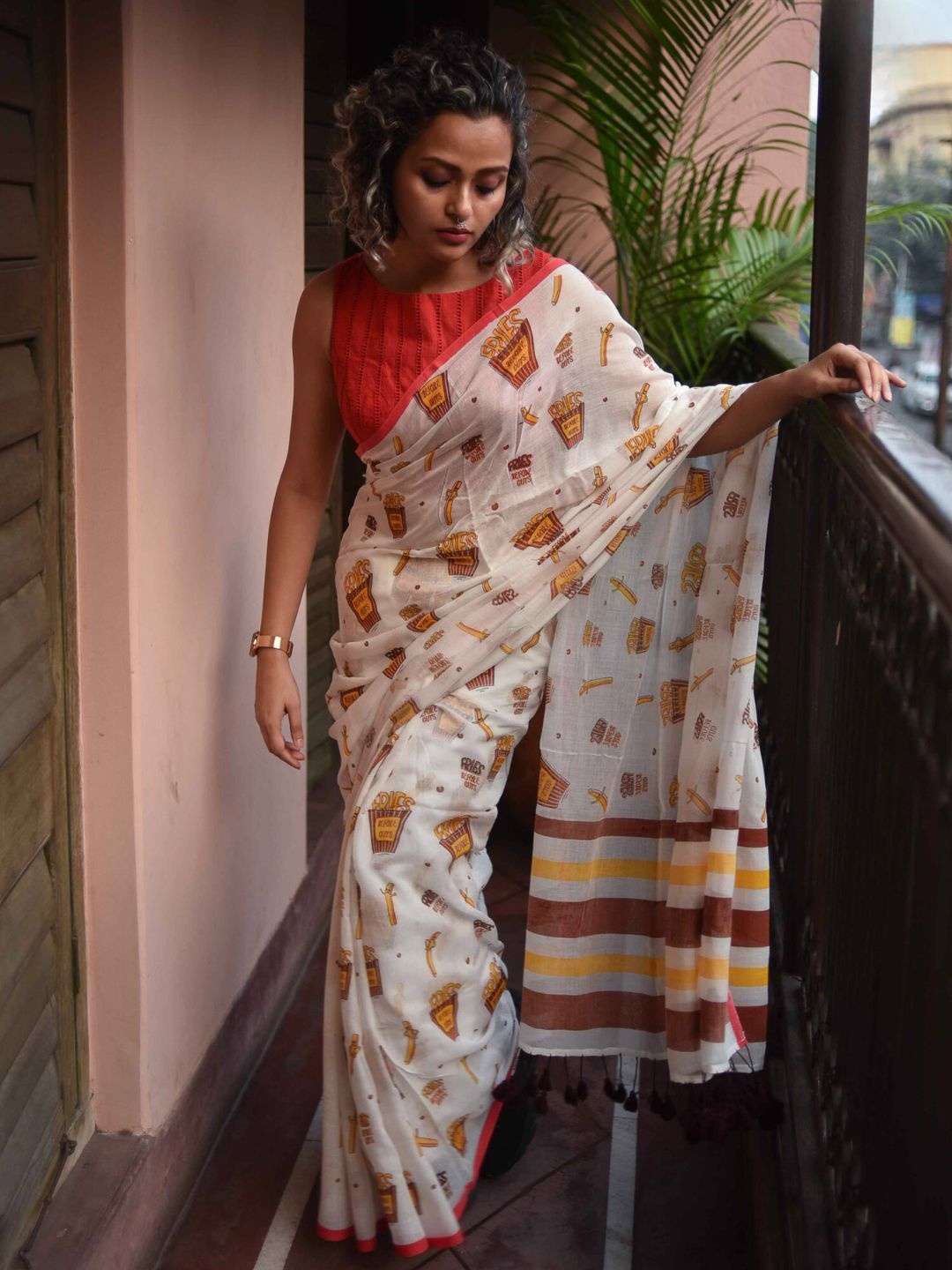 

Printed Saree with Fall & Tassles, White