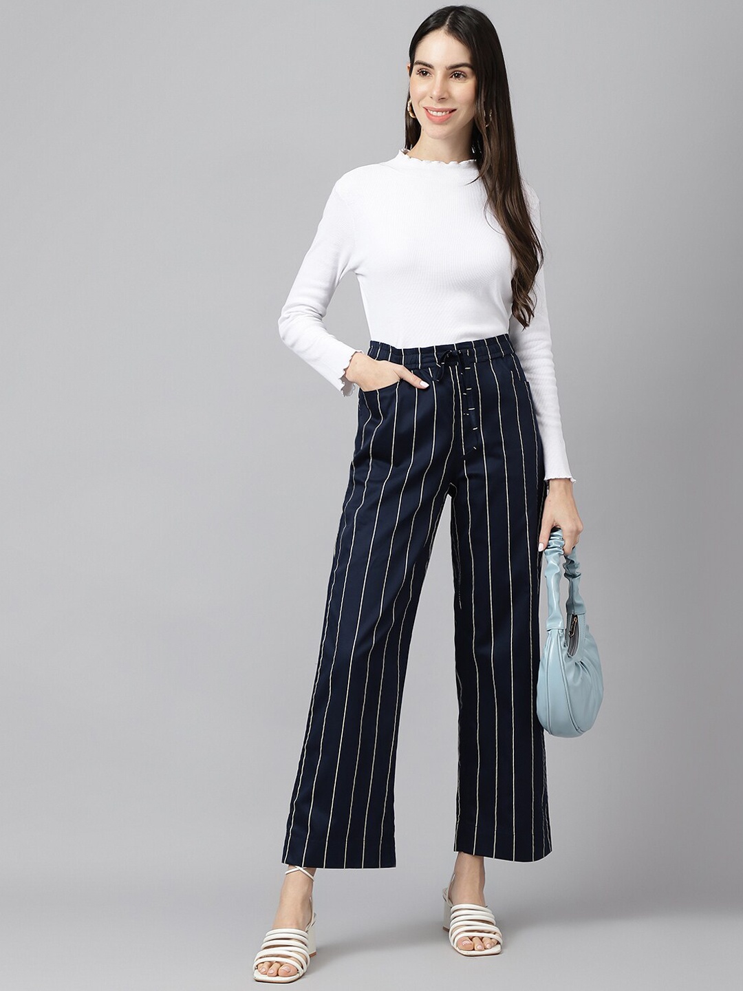 

Xpose Women Striped Comfort High-Rise wide Leg Trousers, Navy blue