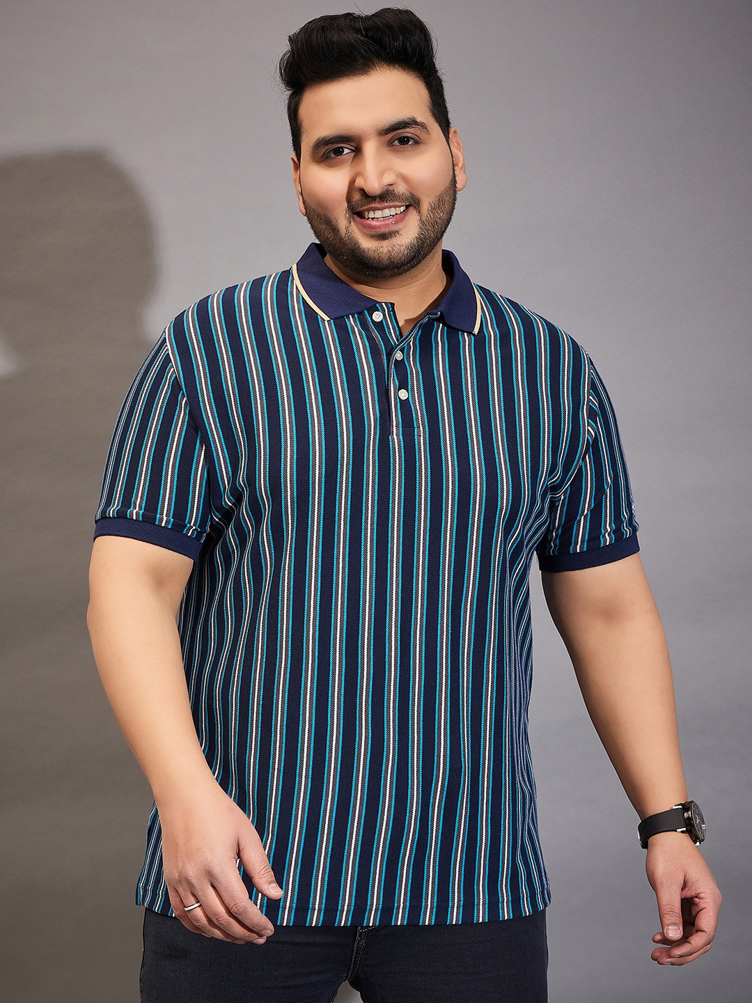 

bigbanana Plus Size Striped Polo Collar Bio Finish T-shirt, Navy blue