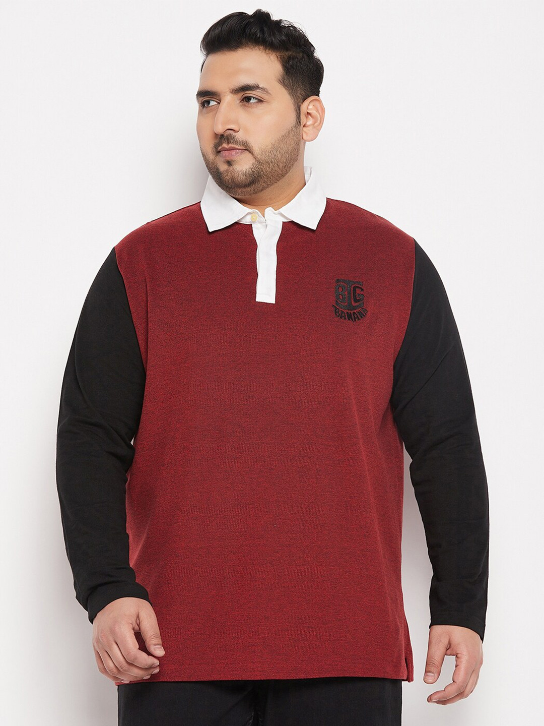 

bigbanana Plus Size Colourblocked Polo Collar Pure Cotton Bio Finished T-shirt, Maroon
