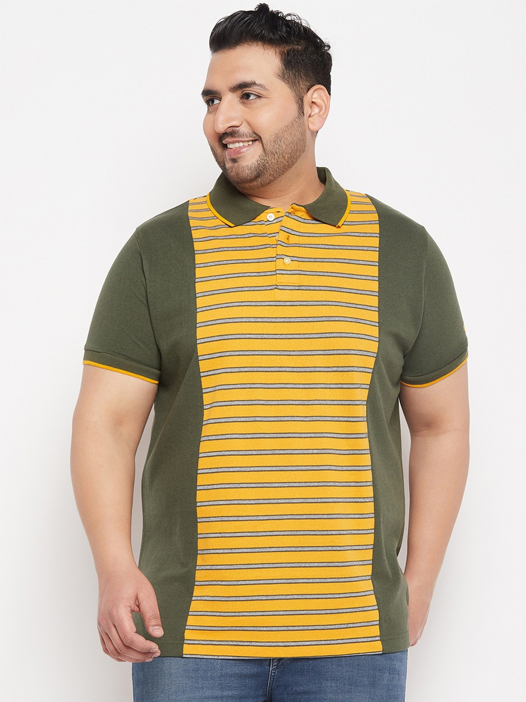 

bigbanana Plus Size Striped Polo Collar Pure Cotton Bio Finished T-shirt, Olive