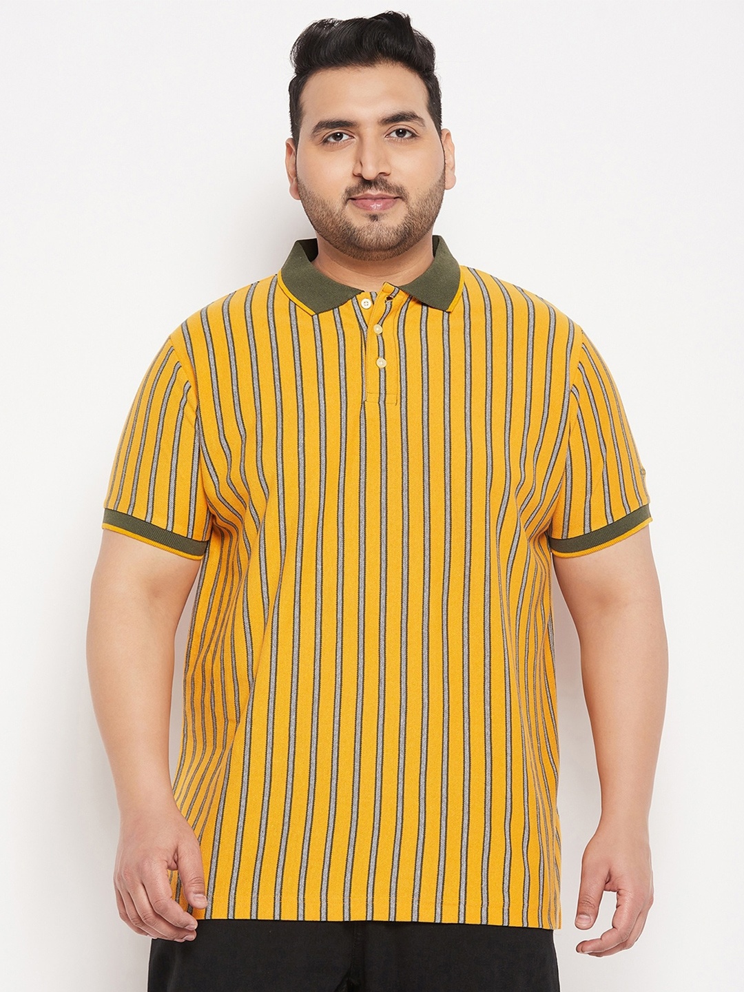 

bigbanana Plus Size Striped Polo Collar Pure Cotton Bio Finished T-shirt, Yellow