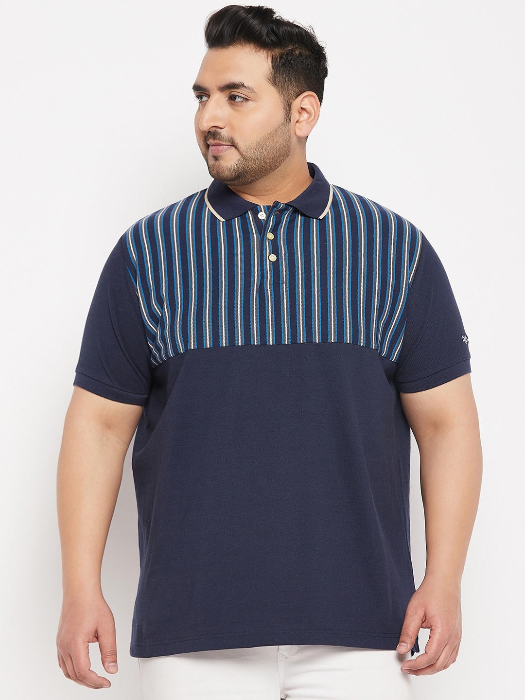 

bigbanana Plus Size Striped Polo Collar Pure Cotton Bio Finished T-shirt, Navy blue