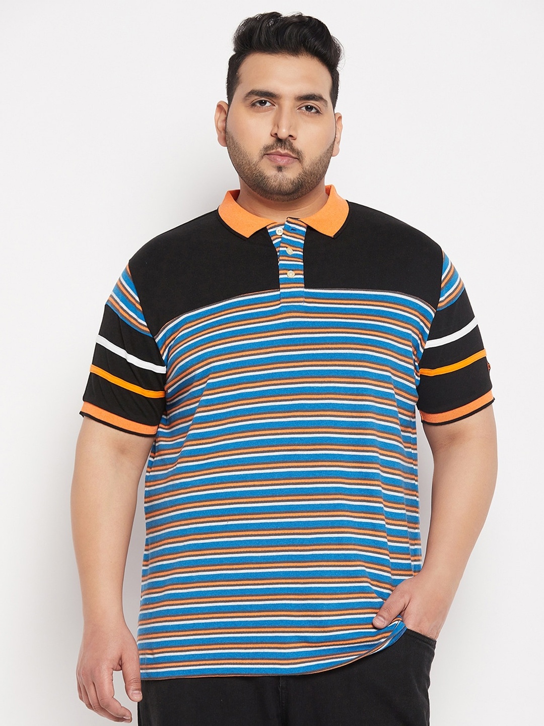 

bigbanana Plus Size Striped Polo Collar Pure Cotton Bio Finished T-shirt, Black