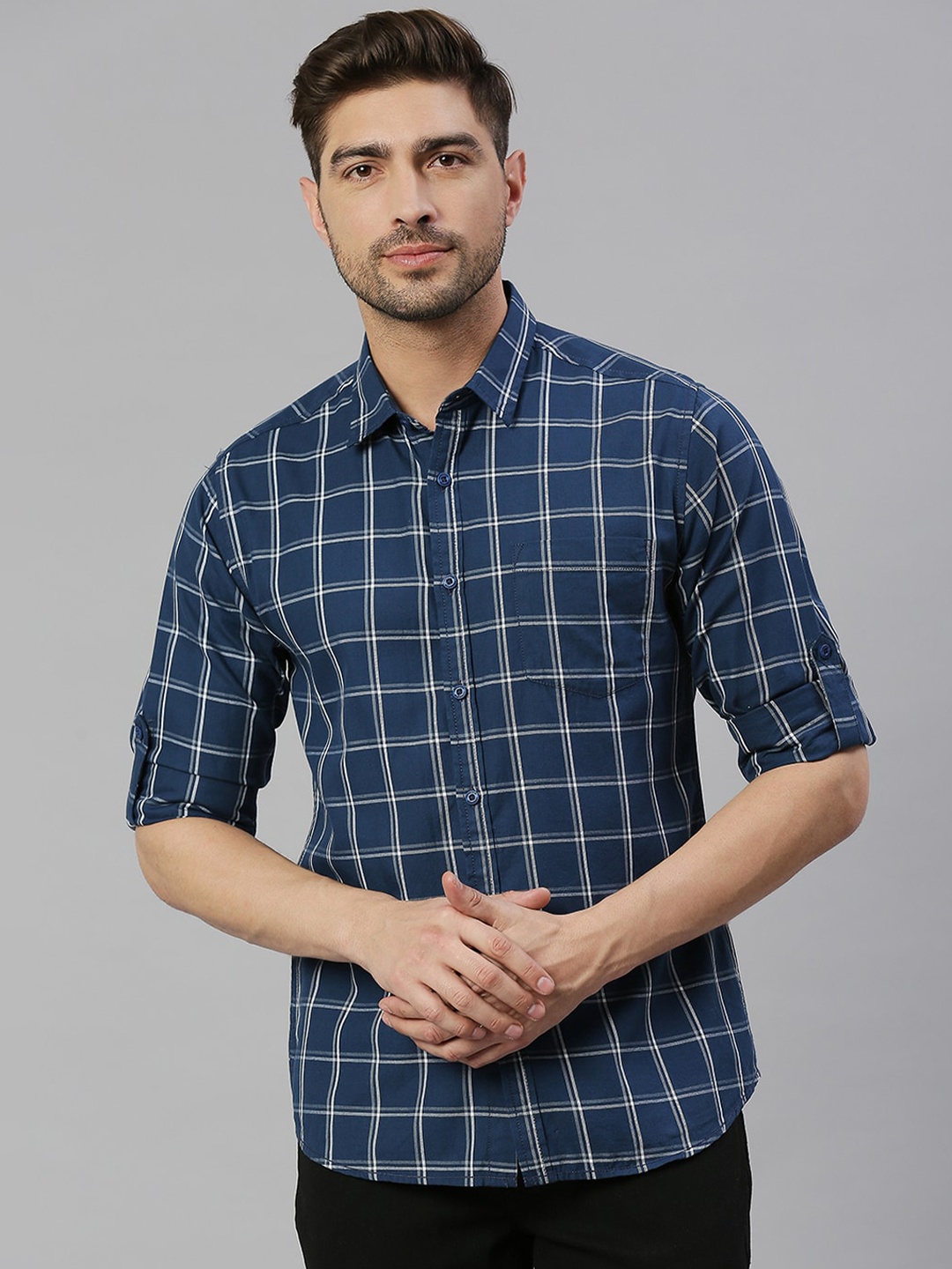 

HERE&NOW Premium Slim Fit Windowpane Checks Pure Cotton Casual Shirt, Navy blue