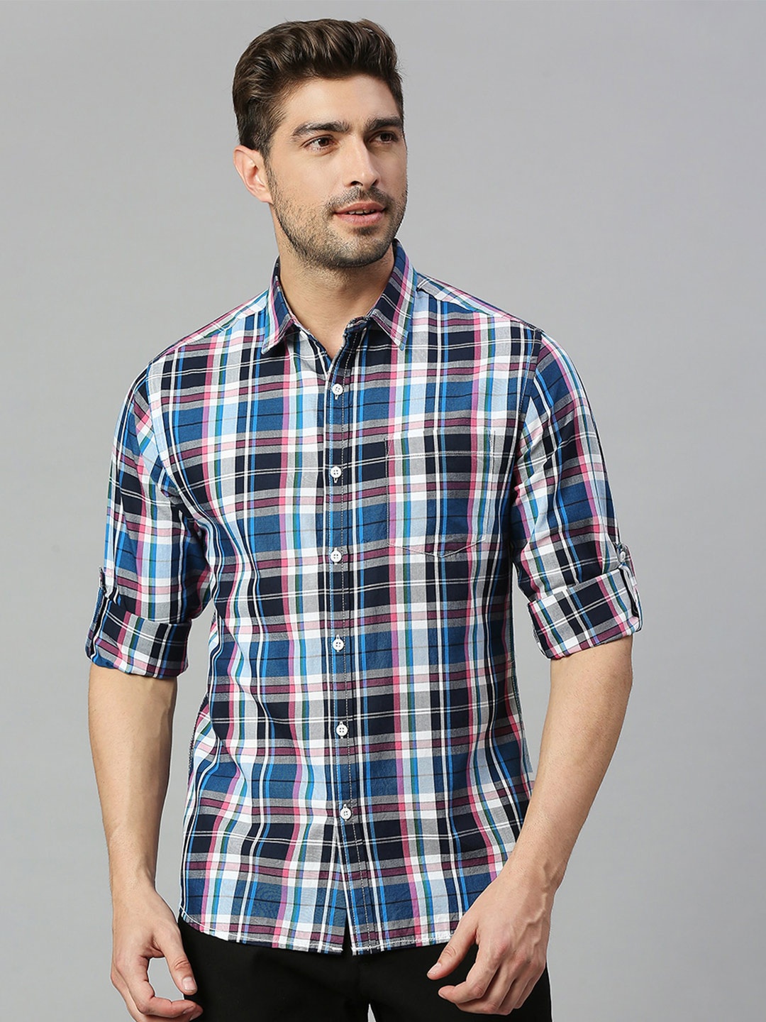 

HERE&NOW Premium Slim Fit Tartan Checks Pure Cotton Casual Shirt, Pink