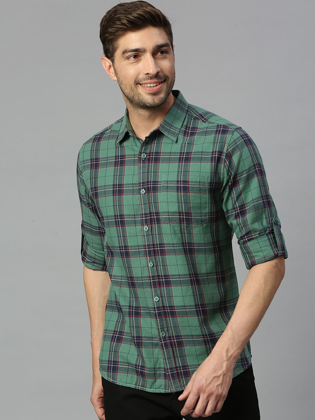 

HERE&NOW Premium Slim Fit Tartan Checks Pure Cotton Casual Shirt, Green