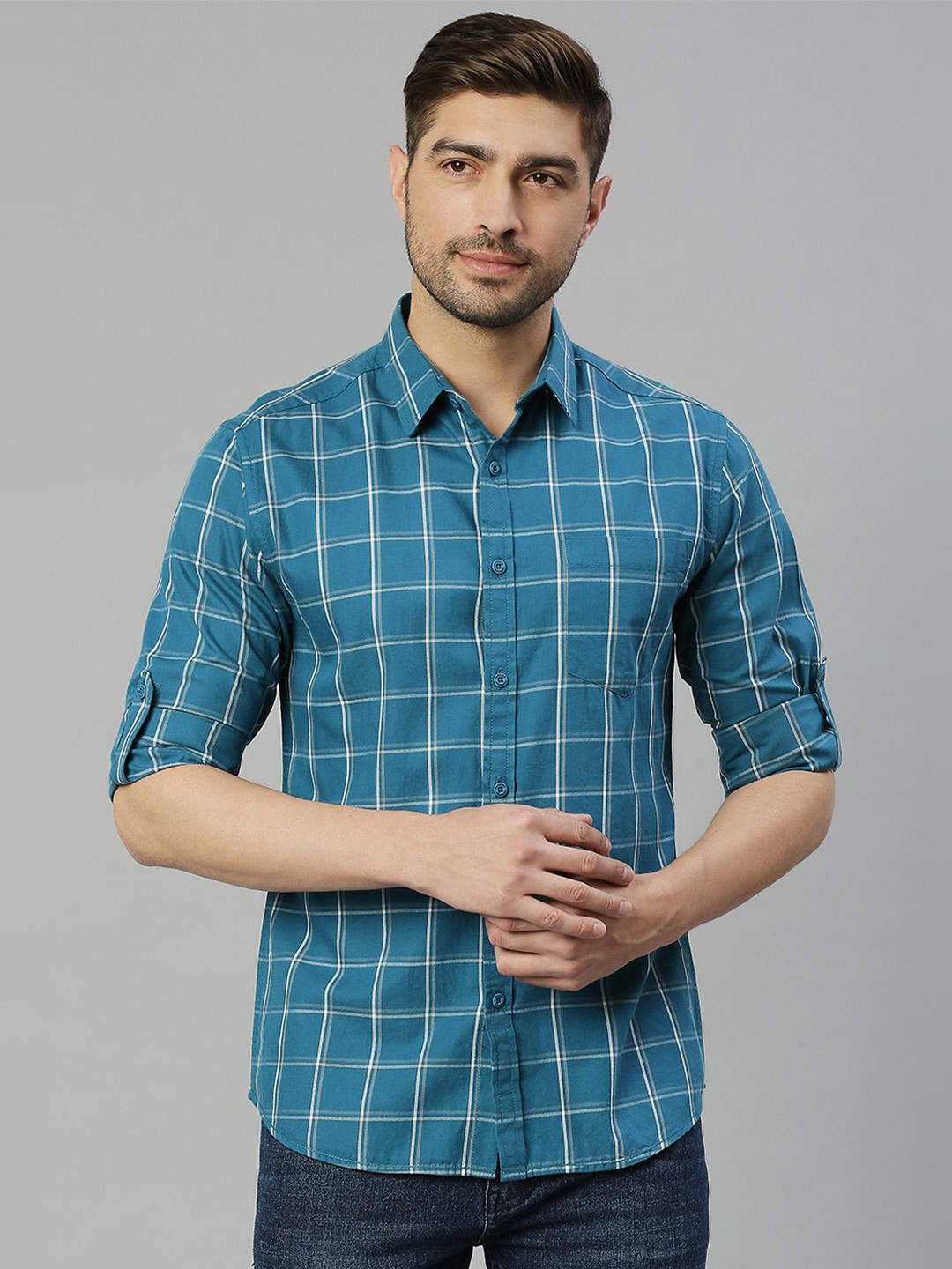 

HERE&NOW Premium Slim Fit Windowpane Checks Pure Cotton Casual Shirt, Blue