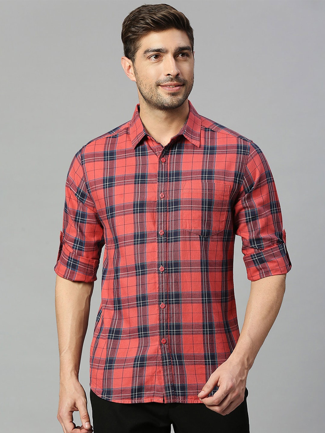 

HERE&NOW Premium Slim Fit Tartan Checks Pure Cotton Casual Shirt, Red