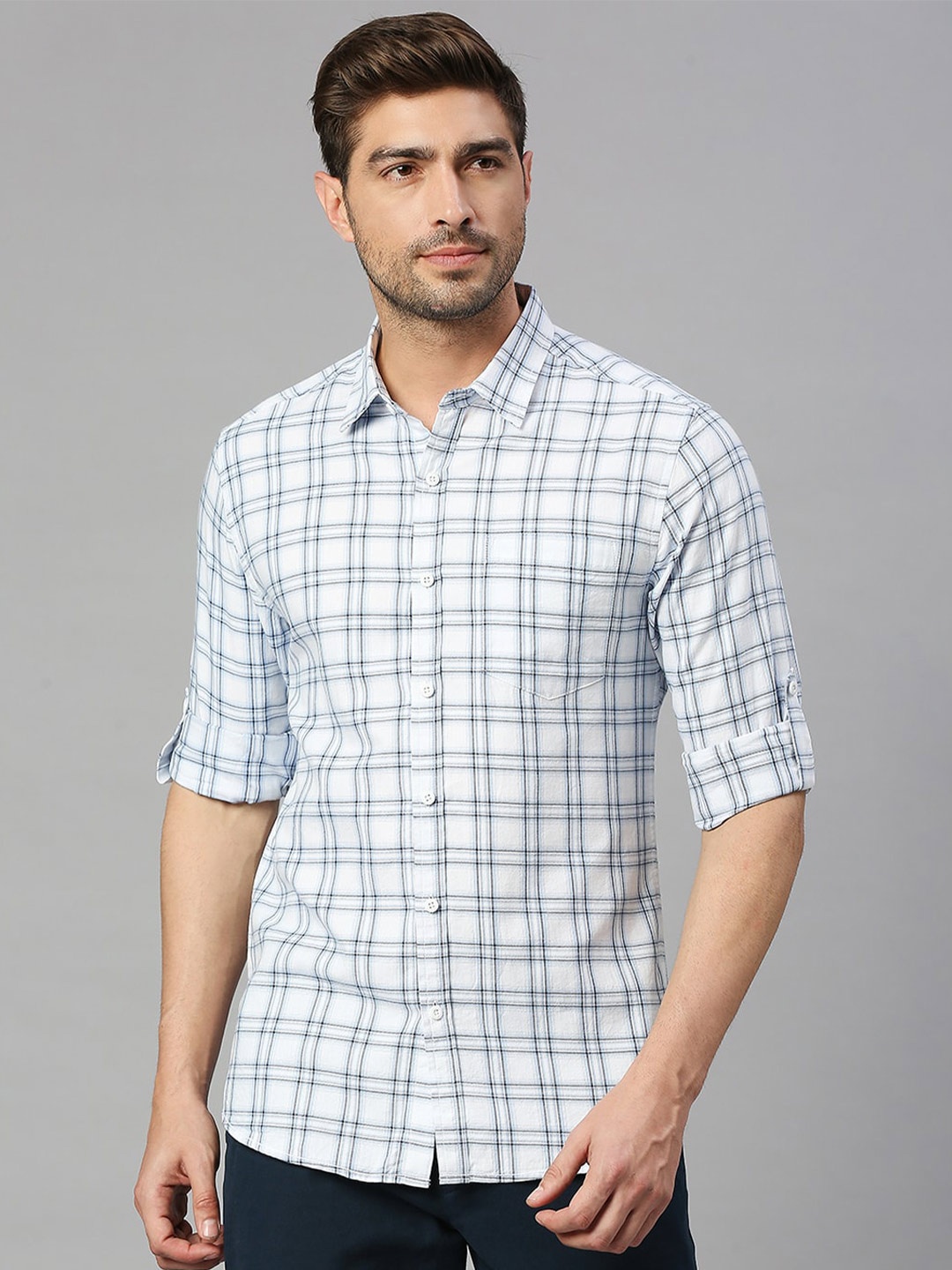 

HERE&NOW Premium Slim Fit Tartan Checks Pure Cotton Casual Shirt, White
