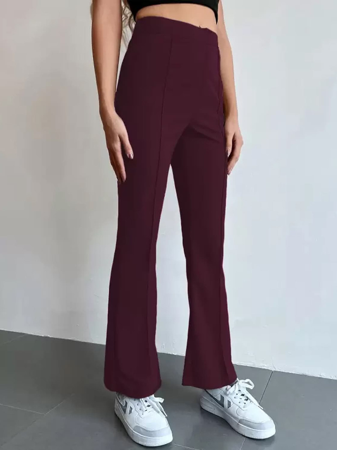 

Jinax Women Relaxed Straight Leg Straight Fit High-Rise Easy Wash Bootcut Trousers, Maroon