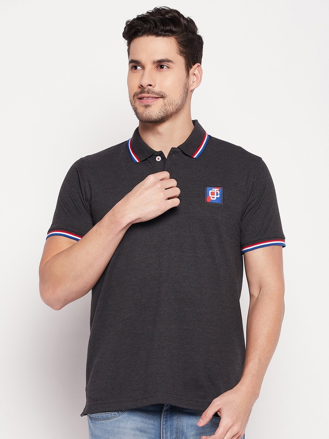 

Camey Polo Collar Applique Cotton T-shirt, Grey