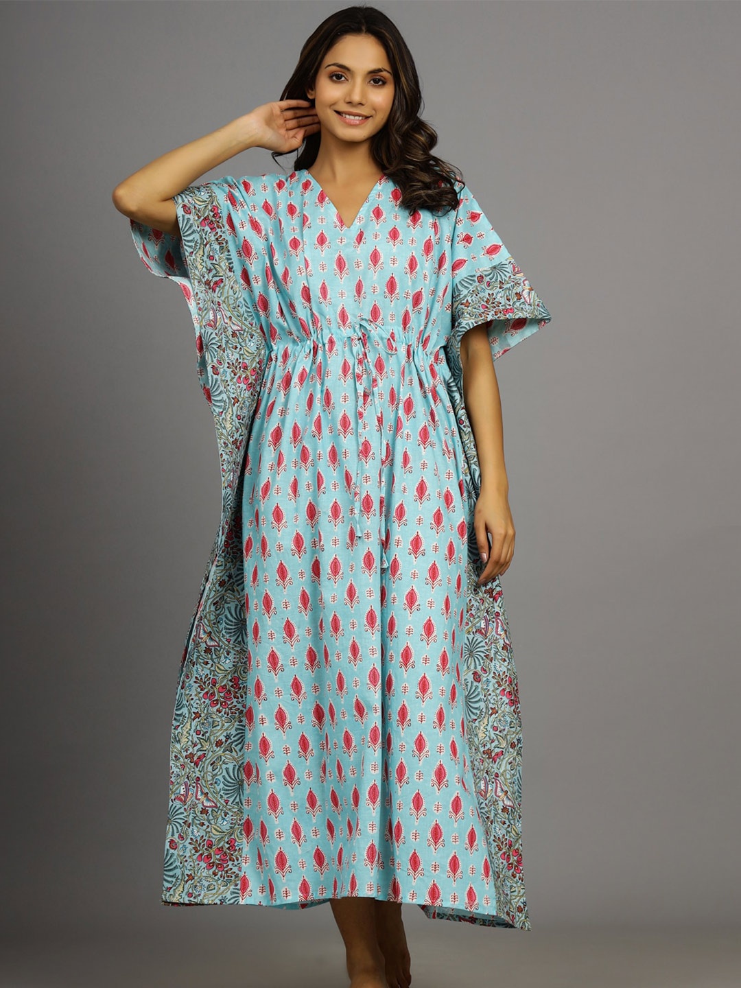 

HANDICRAFT PALACE Ethnic Motifs Printed Pure Cotton Kaftan Maxi Nightdress, Turquoise blue