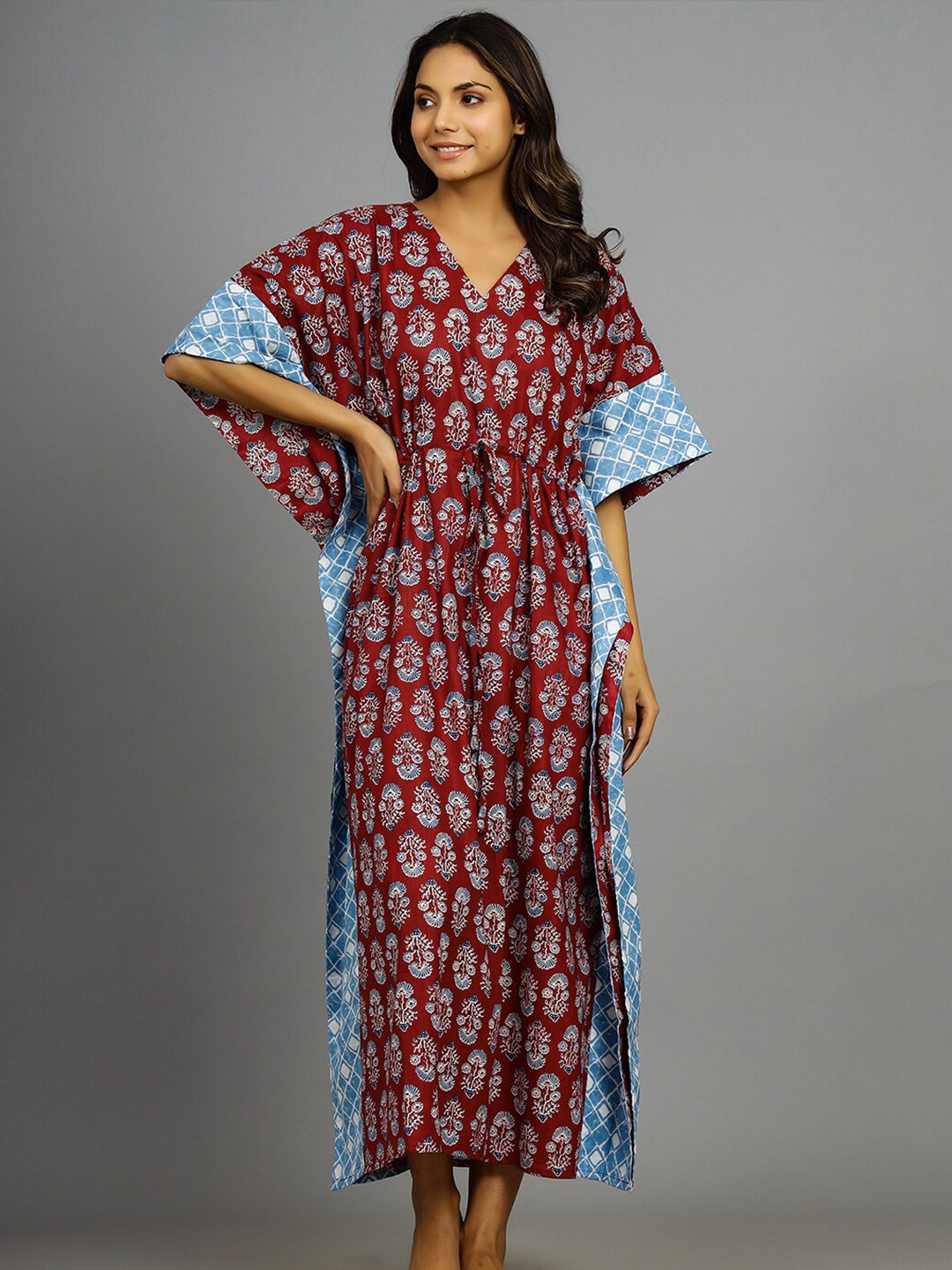 

HANDICRAFT PALACE Ethnic Motifs Printed Pure Cotton Kaftan Maxi Nightdress, Maroon