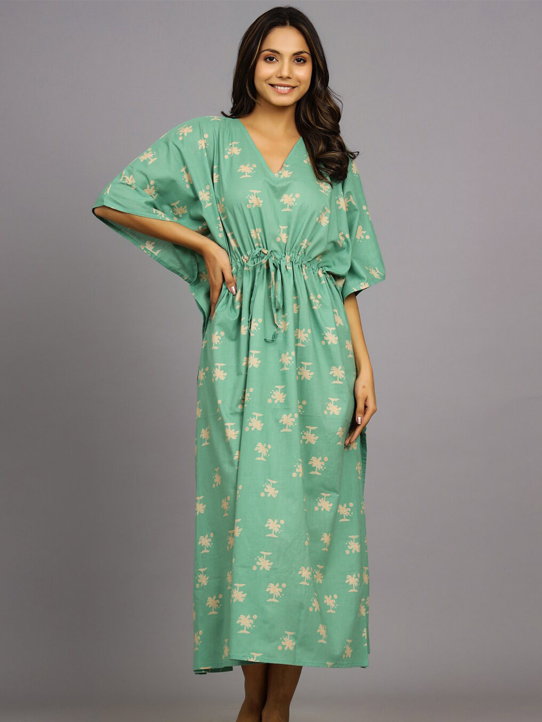 

HANDICRAFT PALACE Floral Printed Pure Cotton Kaftan Maxi Nightdress, Green