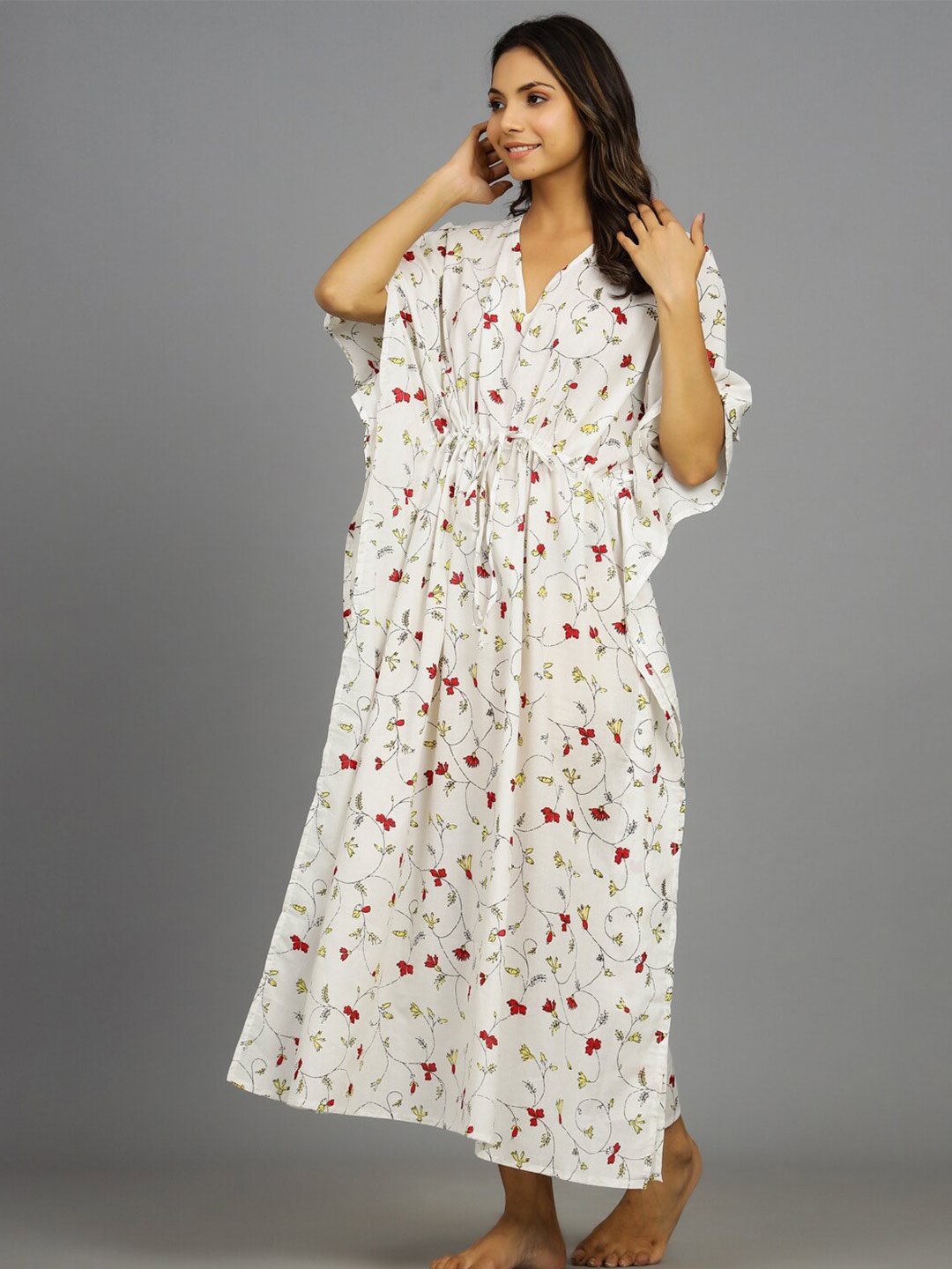 

HANDICRAFT PALACE Floral Printed Pure Cotton Kaftan Maxi Nightdress, White
