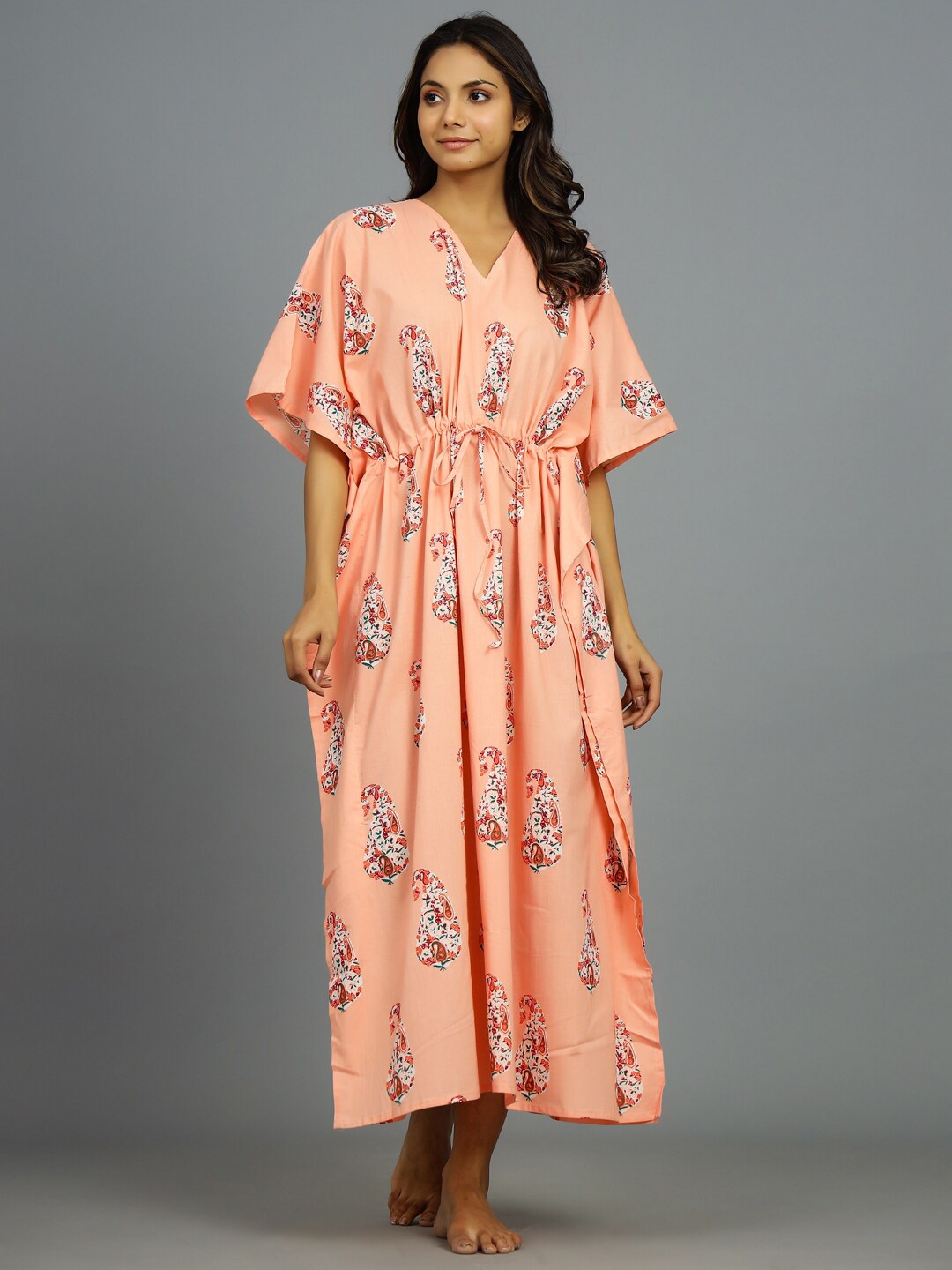 

HANDICRAFT PALACE Ethnic Motifs Printed Pure Cotton Kaftan Maxi Nightdress, Peach