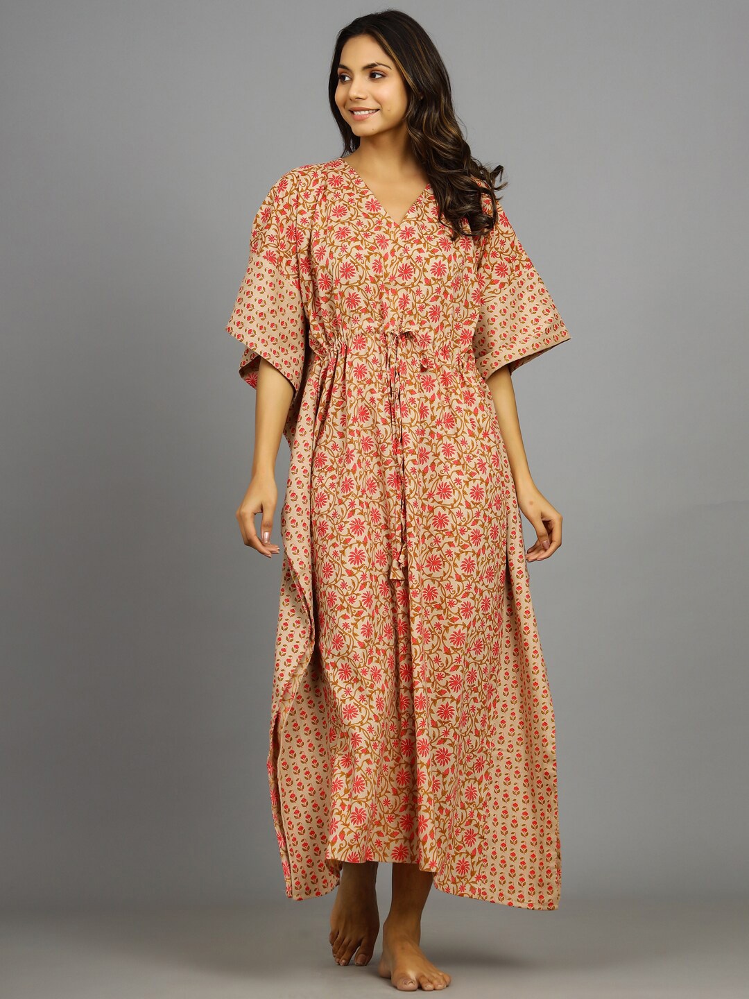 

HANDICRAFT PALACE Floral Printed Pure Cotton Kaftan Maxi Nightdress, Beige