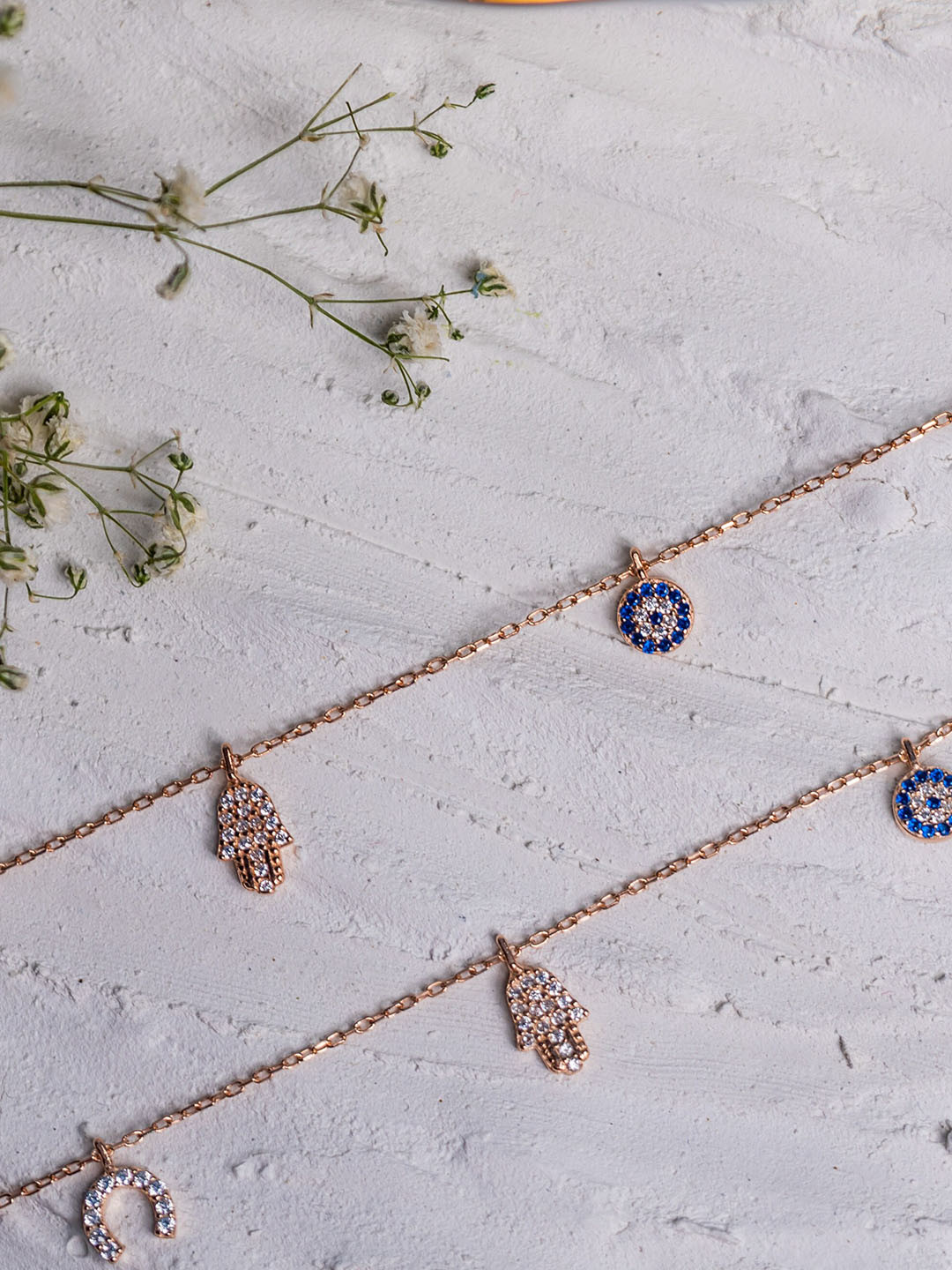 

AKSA Set Of 2 Rose Gold Plated Stone Studded Anklets, White