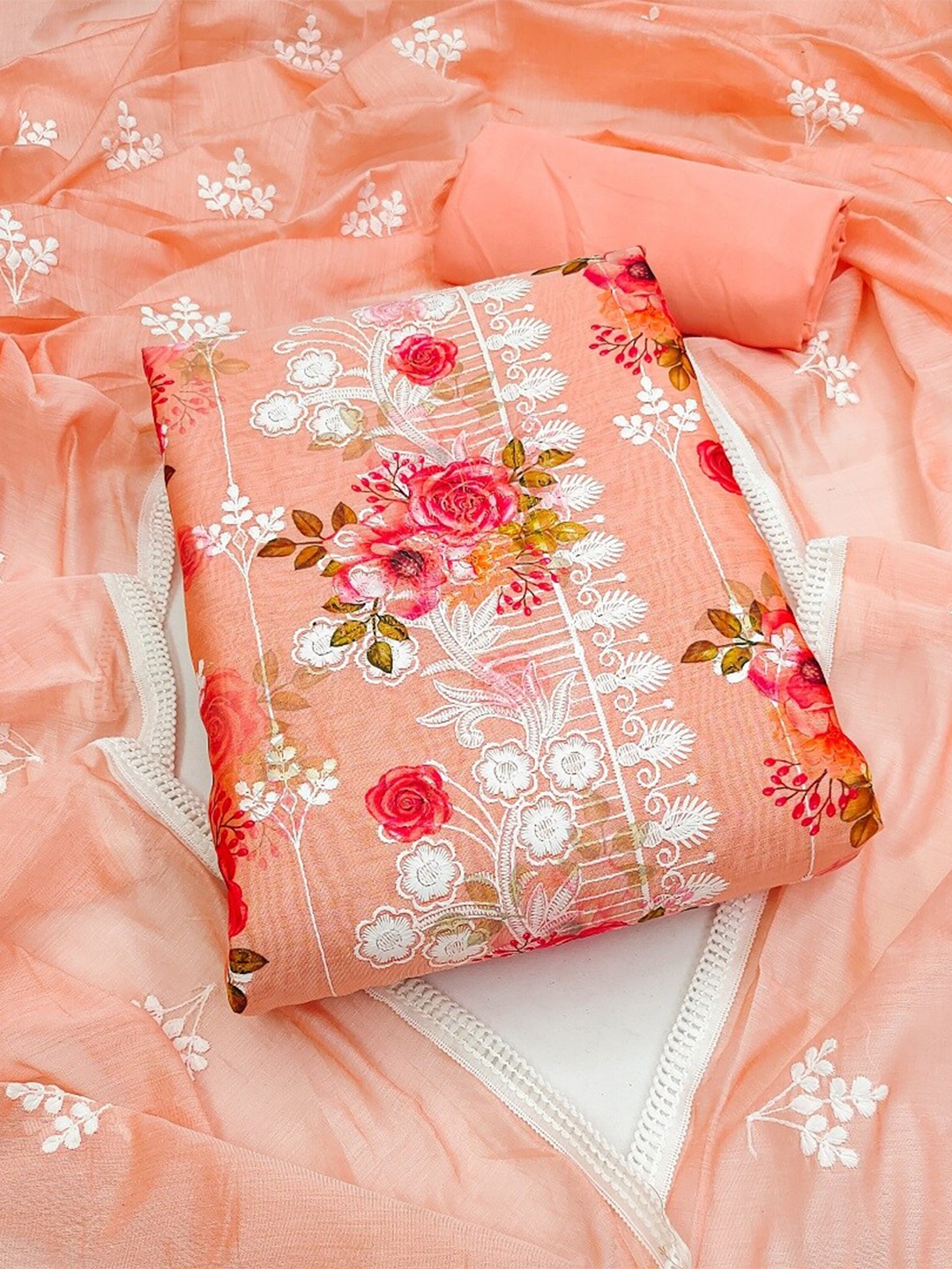 

KALINI Floral Embroidered Unstitched Dress Material, Orange
