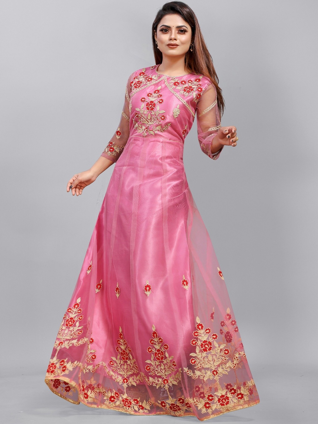 

APNISHA Peach-Coloured Embellished Net Ethnic Maxi Dress