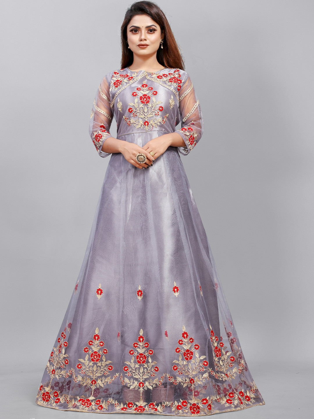 

APNISHA Grey Floral Net Ethnic Maxi Dress