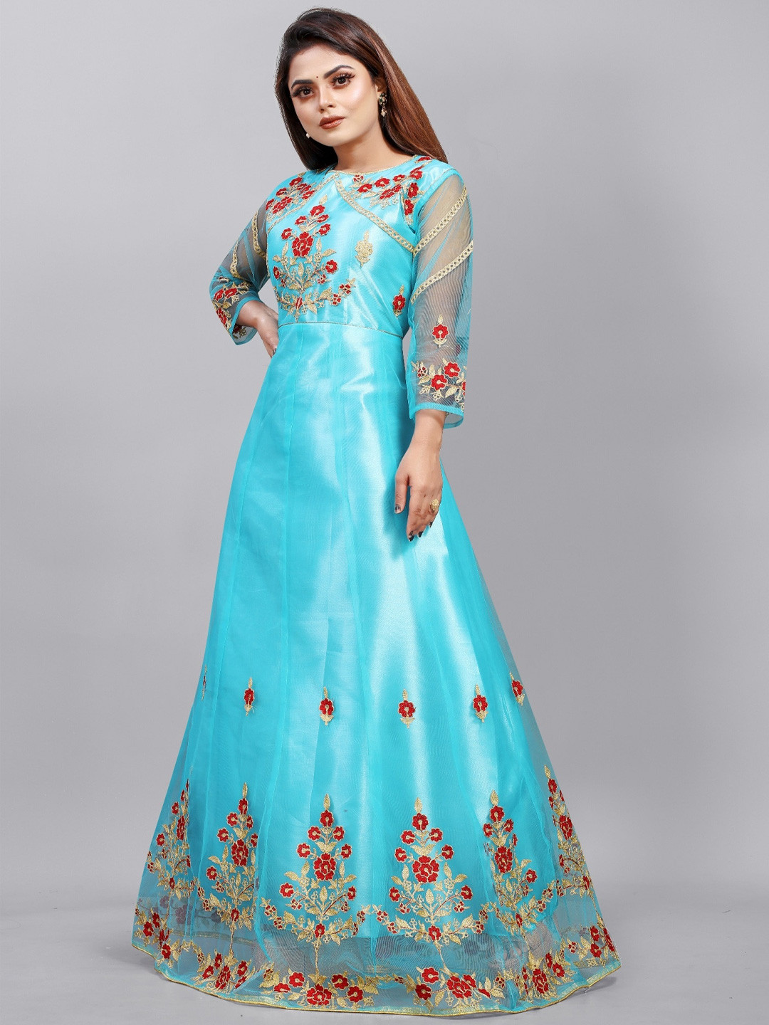 

APNISHA Floral Embroidered Semi-Stitched A-Line Maxi Dress, Blue