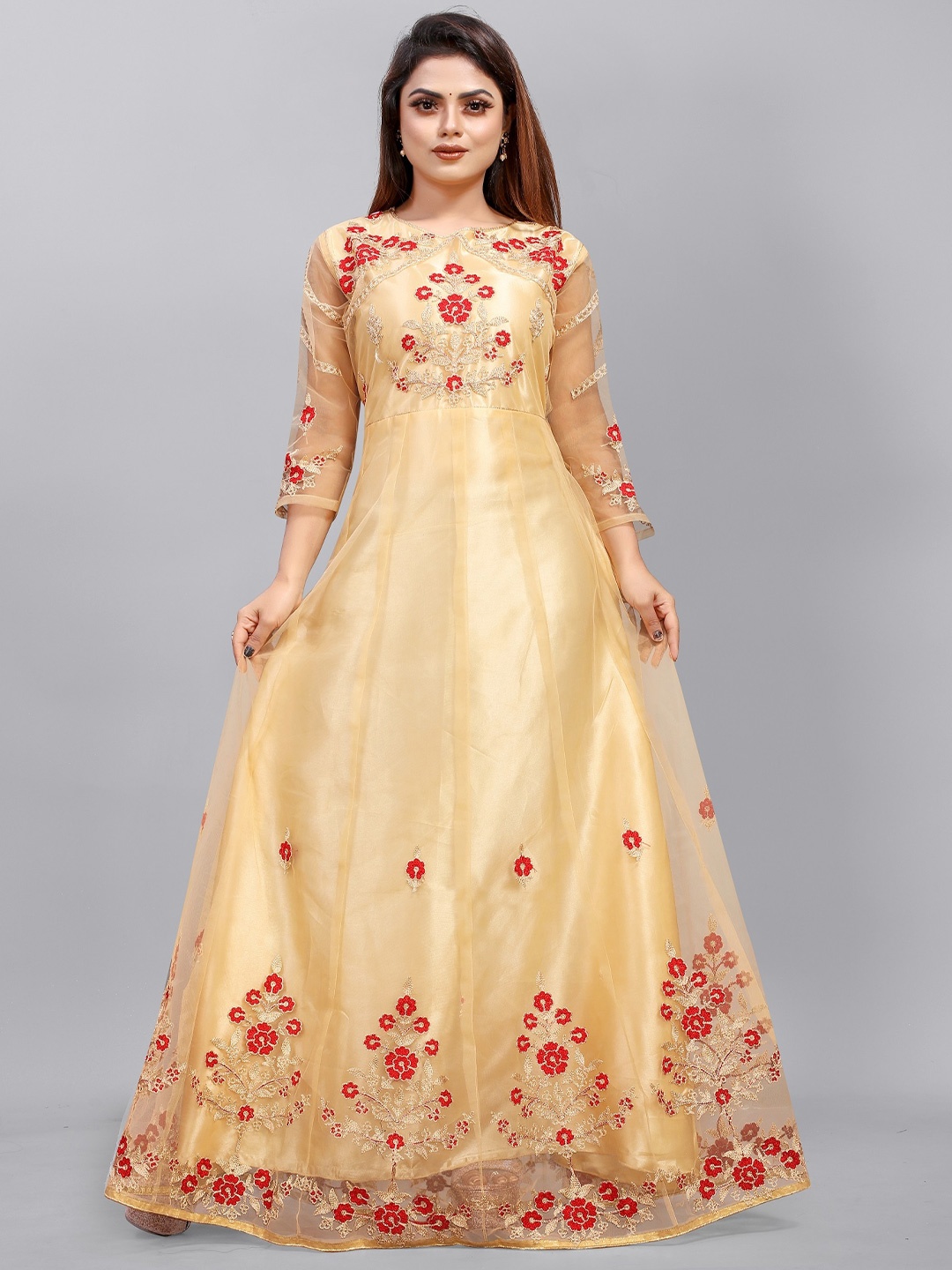 

APNISHA Beige Floral Net Ethnic Maxi Dress