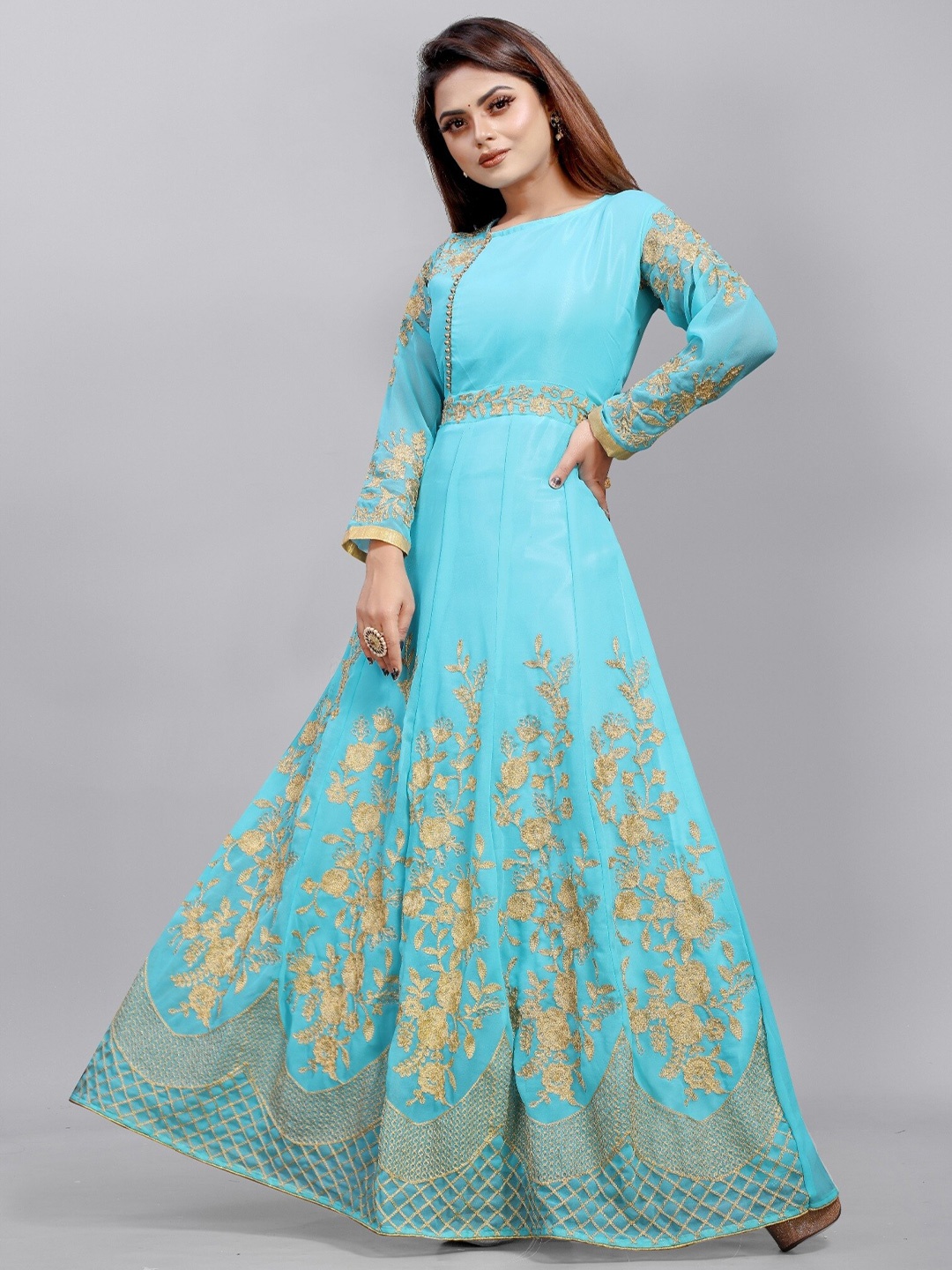 

APNISHA Floral Embroidered Semi-Stitched Fit & Flare Maxi Dress, Blue