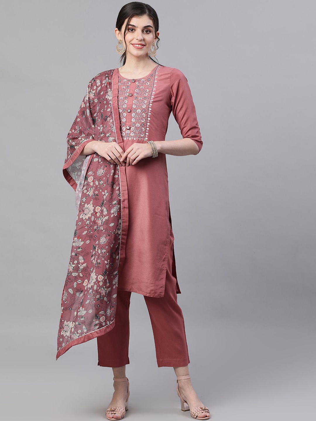 

BESUCHER Floral Embroidered Sequined Pure Cotton Kurta with Trousers & Dupatta, Peach