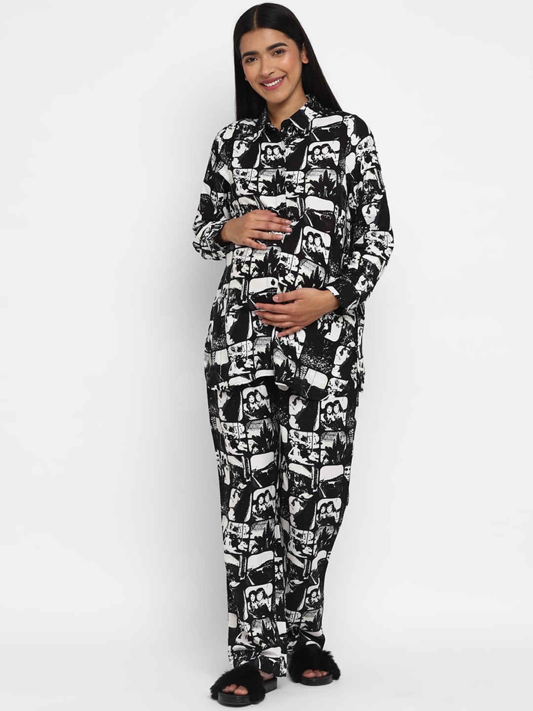 

Momsoon Maternity Women Printed Pure Cotton Night suit, Black