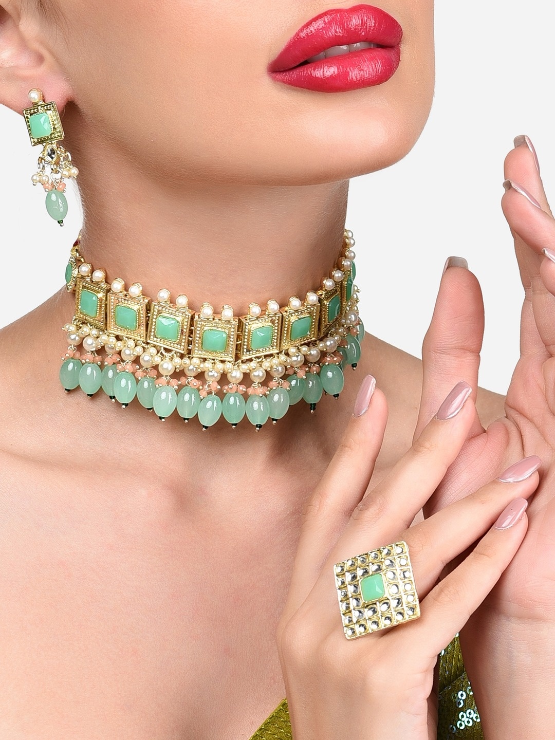 

Zaveri Pearls Gold-Plated Stone-Studded & Beaded Jewellery Set, Sea green