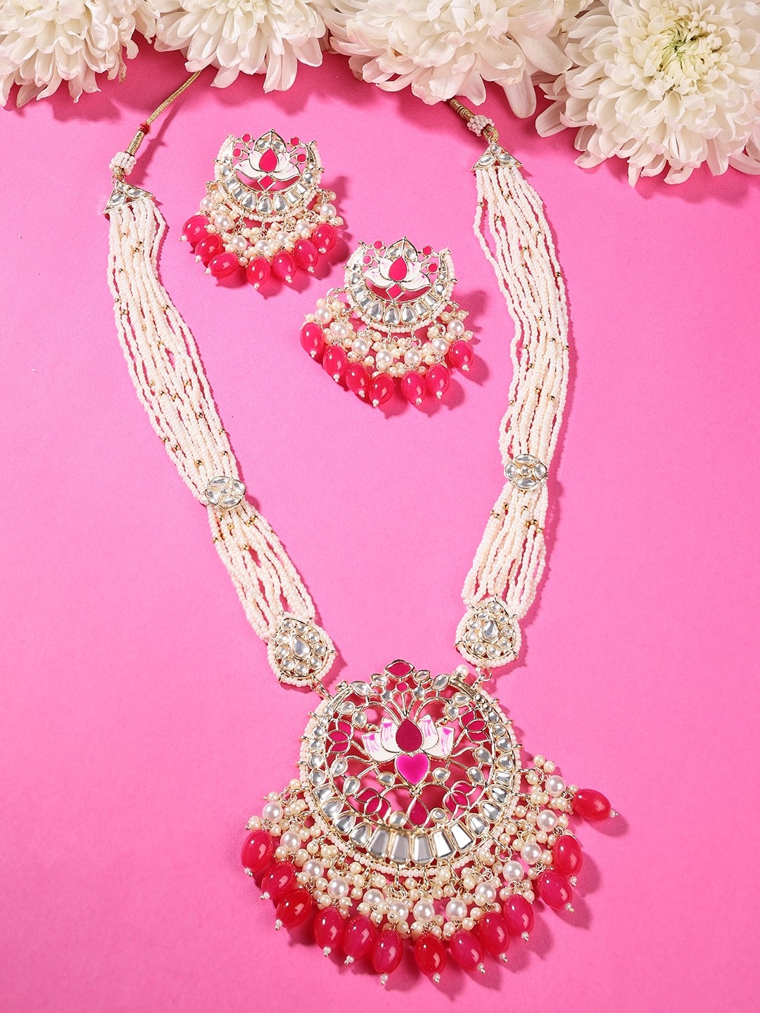 

Zaveri Pearls Women Gold-Plated Pink Artificial Stones and Bead Jewellery Set
