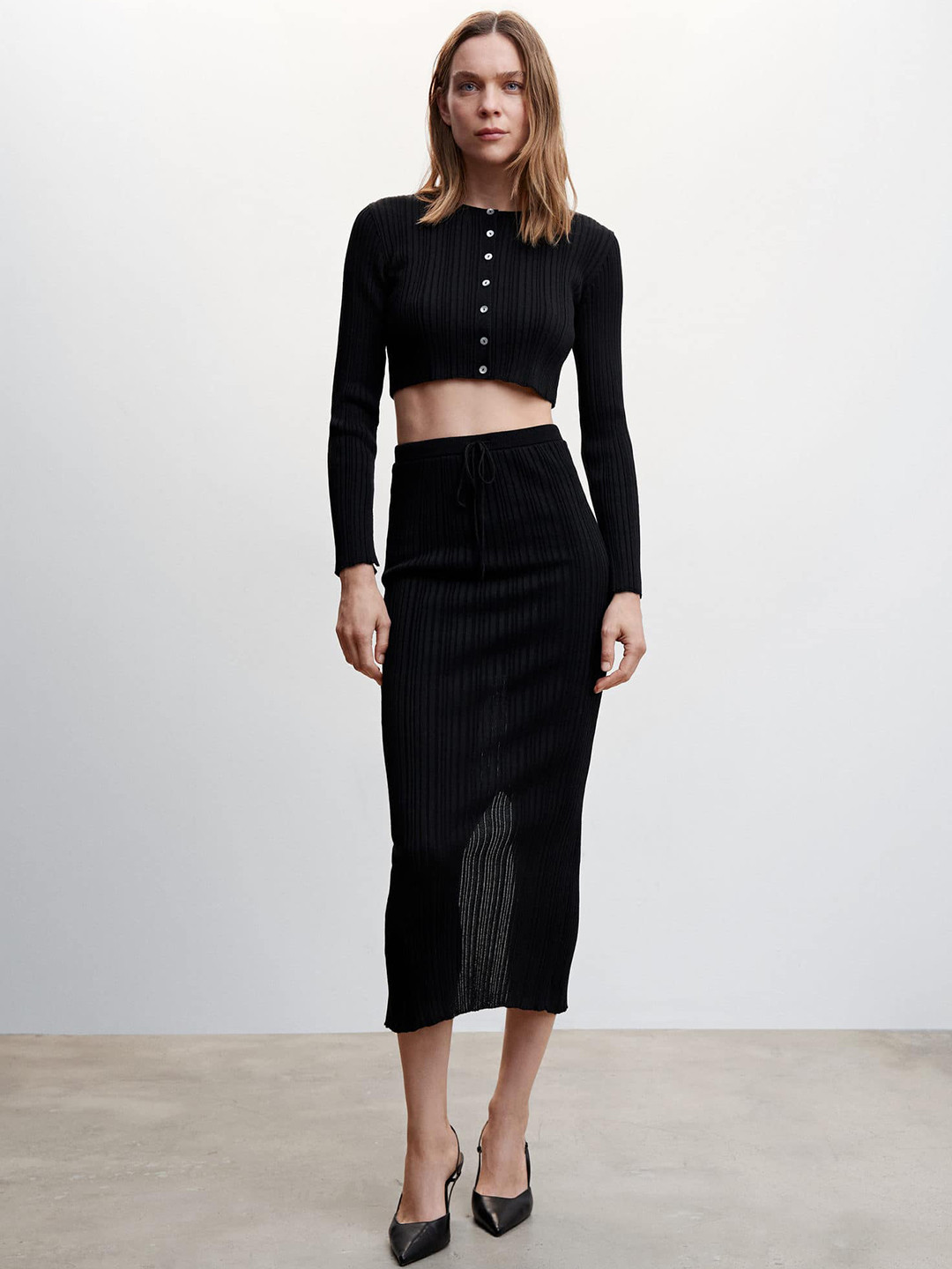

MANGO Ribbed Straight Midi Skirt, Black