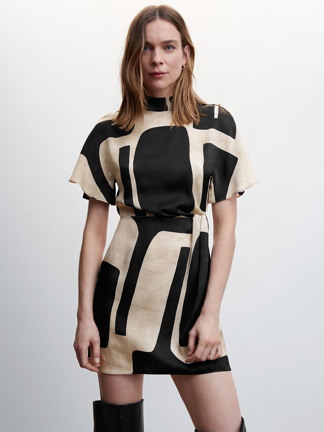 MANGO Extended Sleeves Abstract Printed Dress, Beige