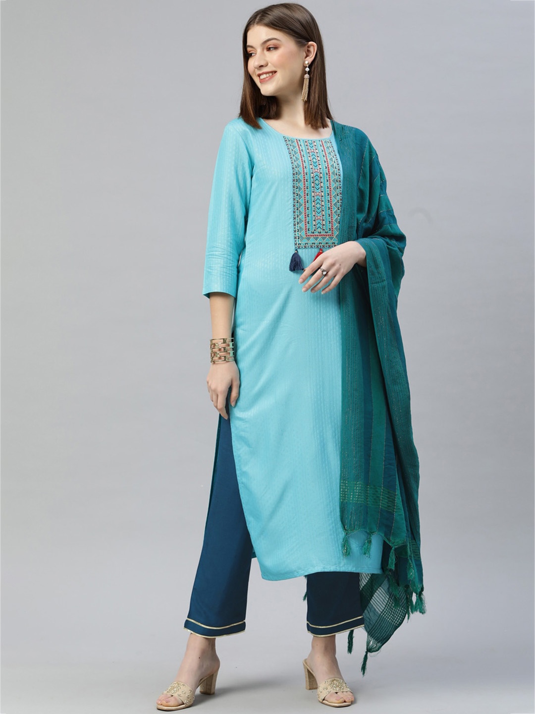 

BESUCHER Ethnic Motifs Embroidered Pure Cotton Kurta with Trousers & Dupatta, Blue